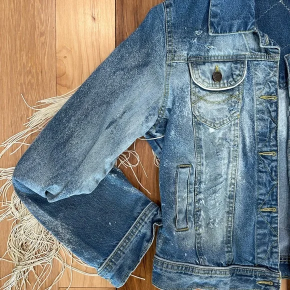 Custom Rolling Stones distressed denim jacket with fringe - Small - Picture 7 of 10